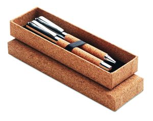 QUERCUS Eco-Friendly Cork Barrel Metal Pen Set with Box - GiftRetail MO9678
