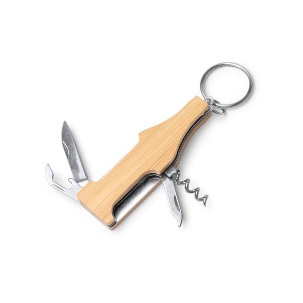COSCO Multi-tool steel and bamboo keyring with 4 functions