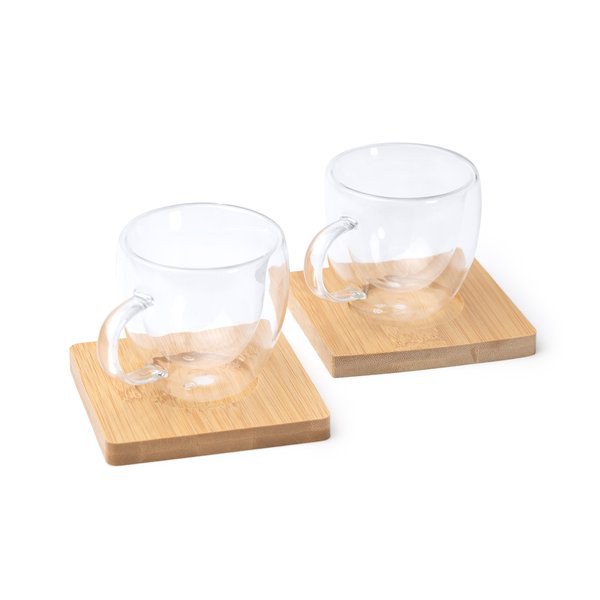 ROBUS Set of two double-walled mugs made of borosilicate glass and individual bamboo trays